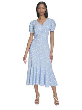 Halston Light Blue Polka Dot Midi Dress With Ruched Bodice & Ruffle Hem Size 16